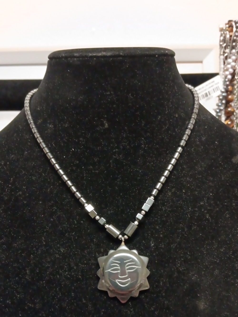 Sun Face Hematite Pendant Necklace - Black